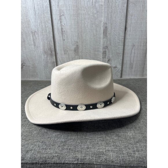 Beige Felt Wide Brim Western Cowboy Adj Size Hat w/ Black Band & Silver Conchos - Picture 2 of 7